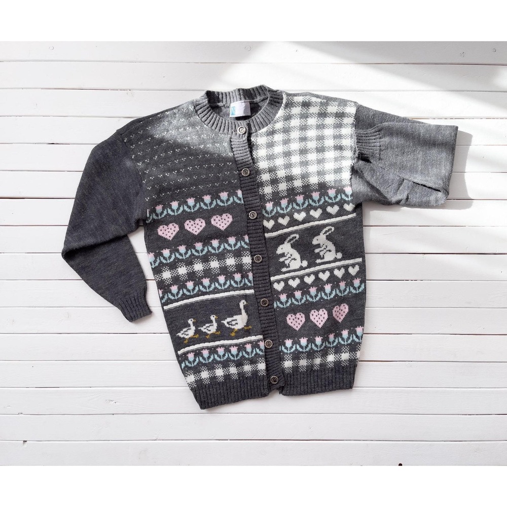 Needles Up vtg gray‎ pink duck goose bunny rabbit hearts cardigan sweater